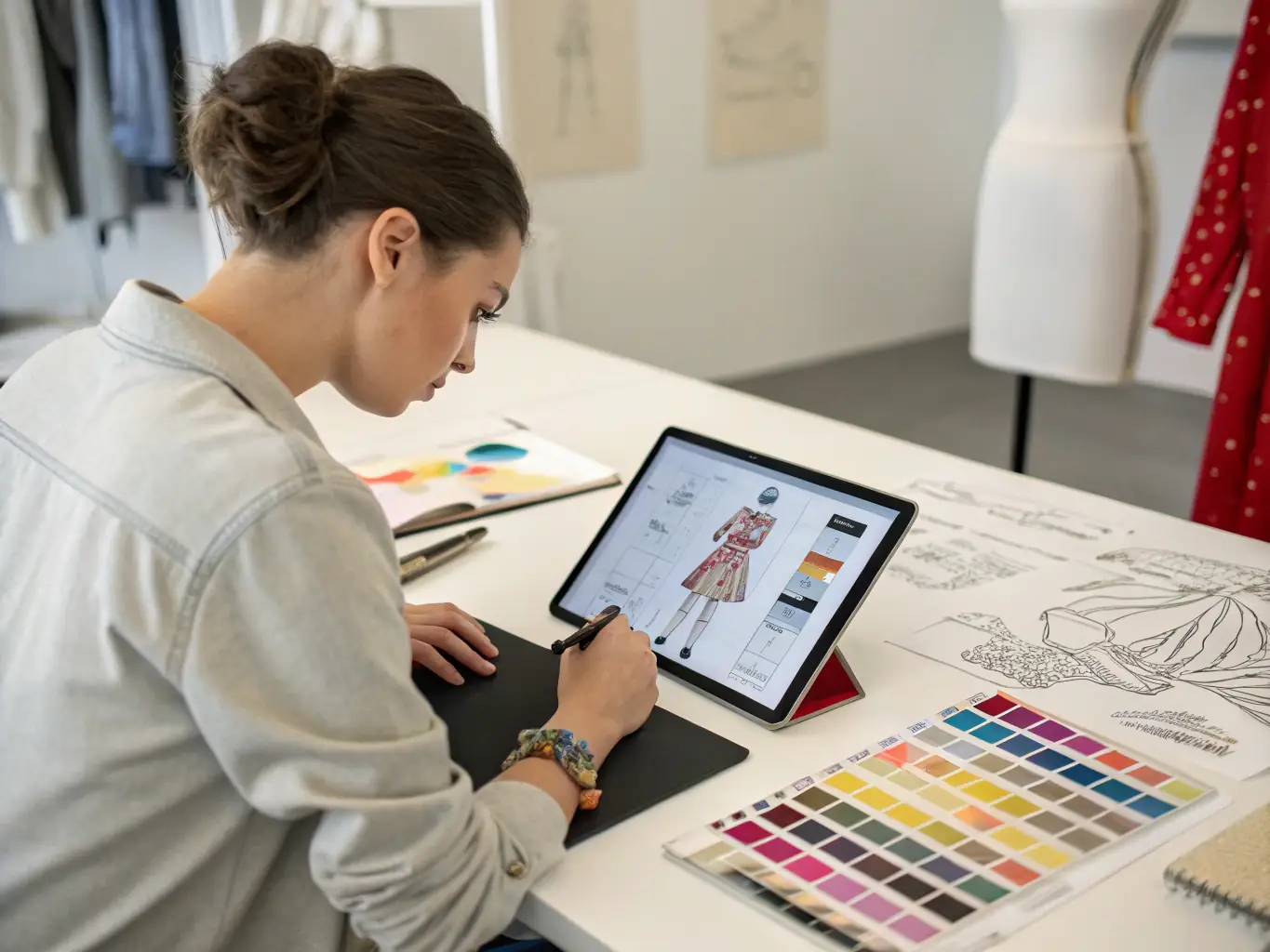 An image of a fashion designer working on a garment in a studio, with fabrics and sewing machines visible, representing the fashion industry's need for fast and reliable shipping.