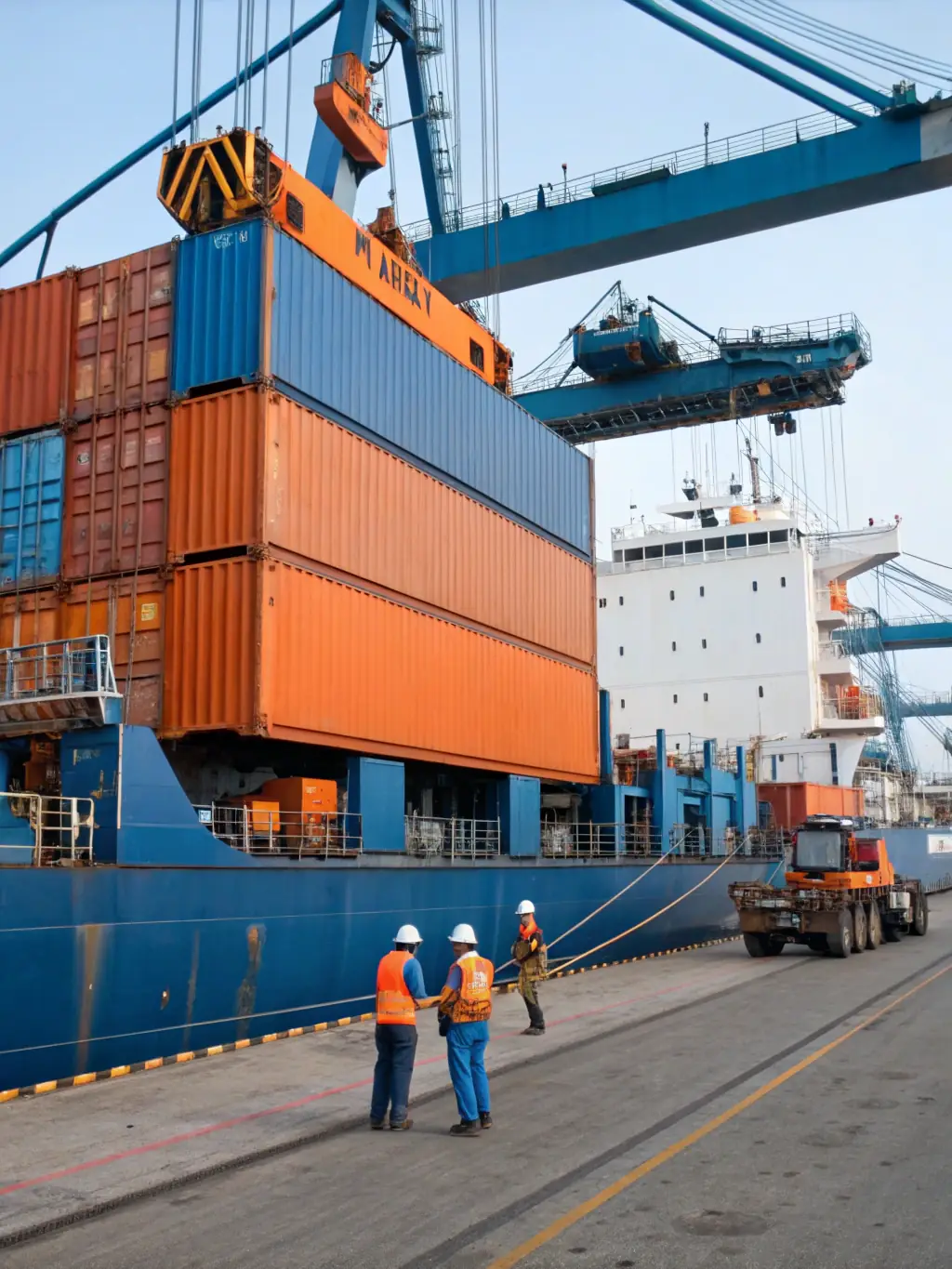 A cargo ship docked at a port with containers being loaded onto a truck, illustrating Benkotec's multimodal freight forwarding capabilities.