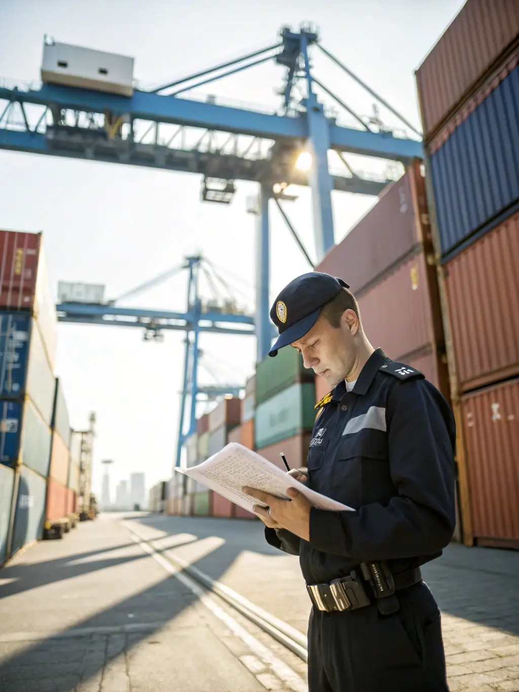 An image of a customs officer inspecting cargo at a busy port with containers and paperwork, representing Benkotec's customs clearance services.
