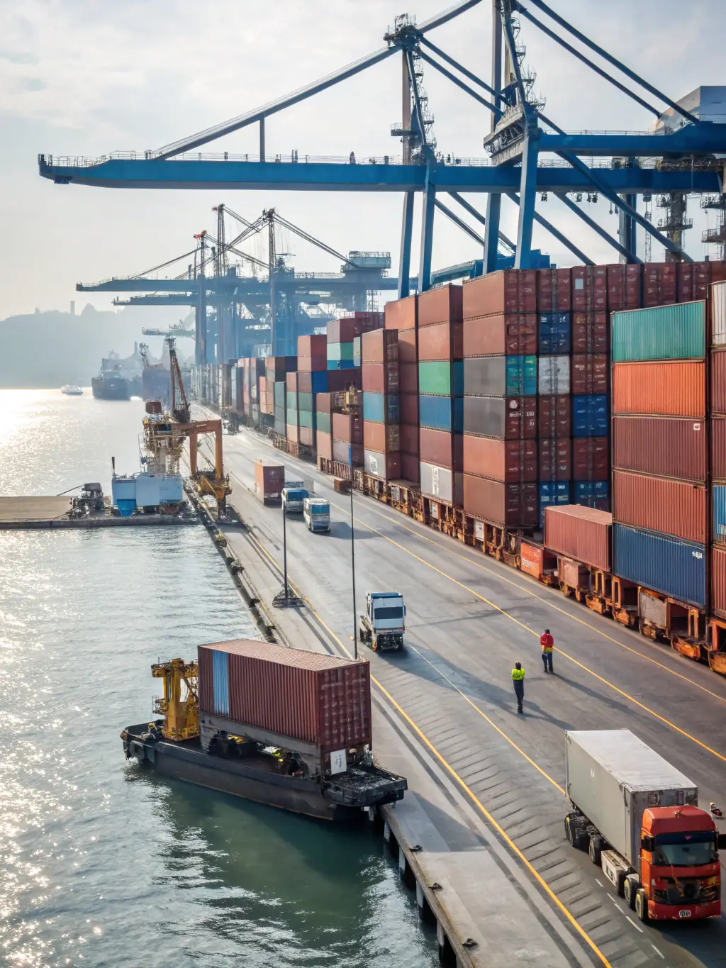 A high-angle shot of a modern cargo ship being loaded with containers at a bustling port, representing the shipping industry.