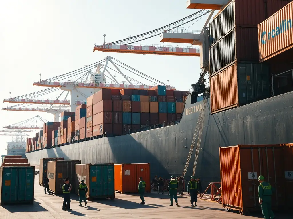 A dynamic image showing cargo being loaded onto a freight ship, illustrating the global reach of freight forwarding services.