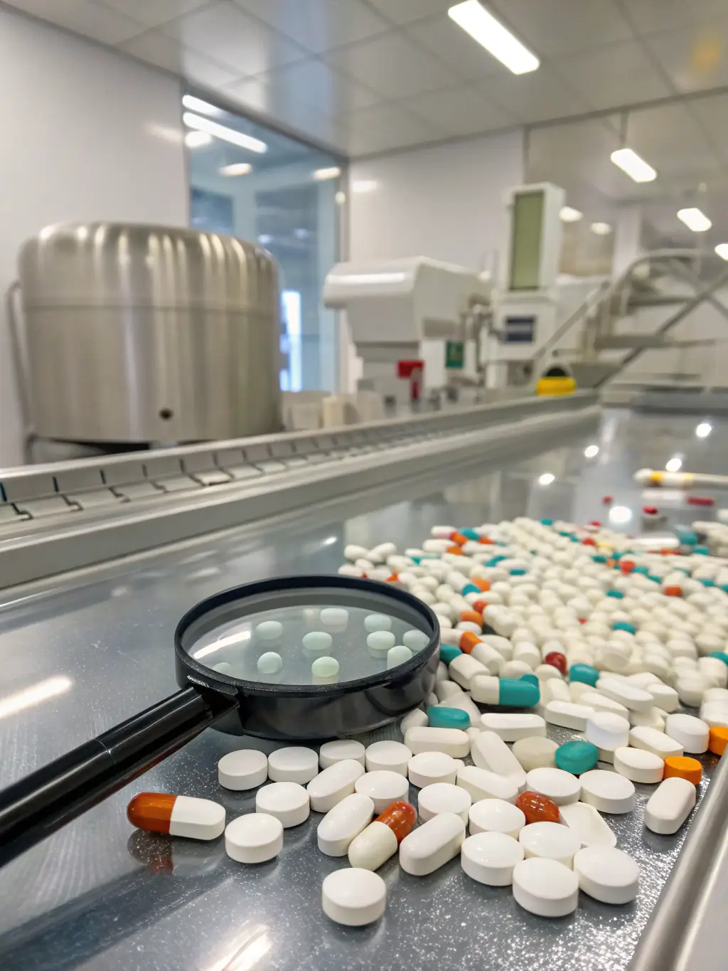 A close-up of various pharmaceutical products being packaged in a sterile environment, representing the pharmaceutical industry.
