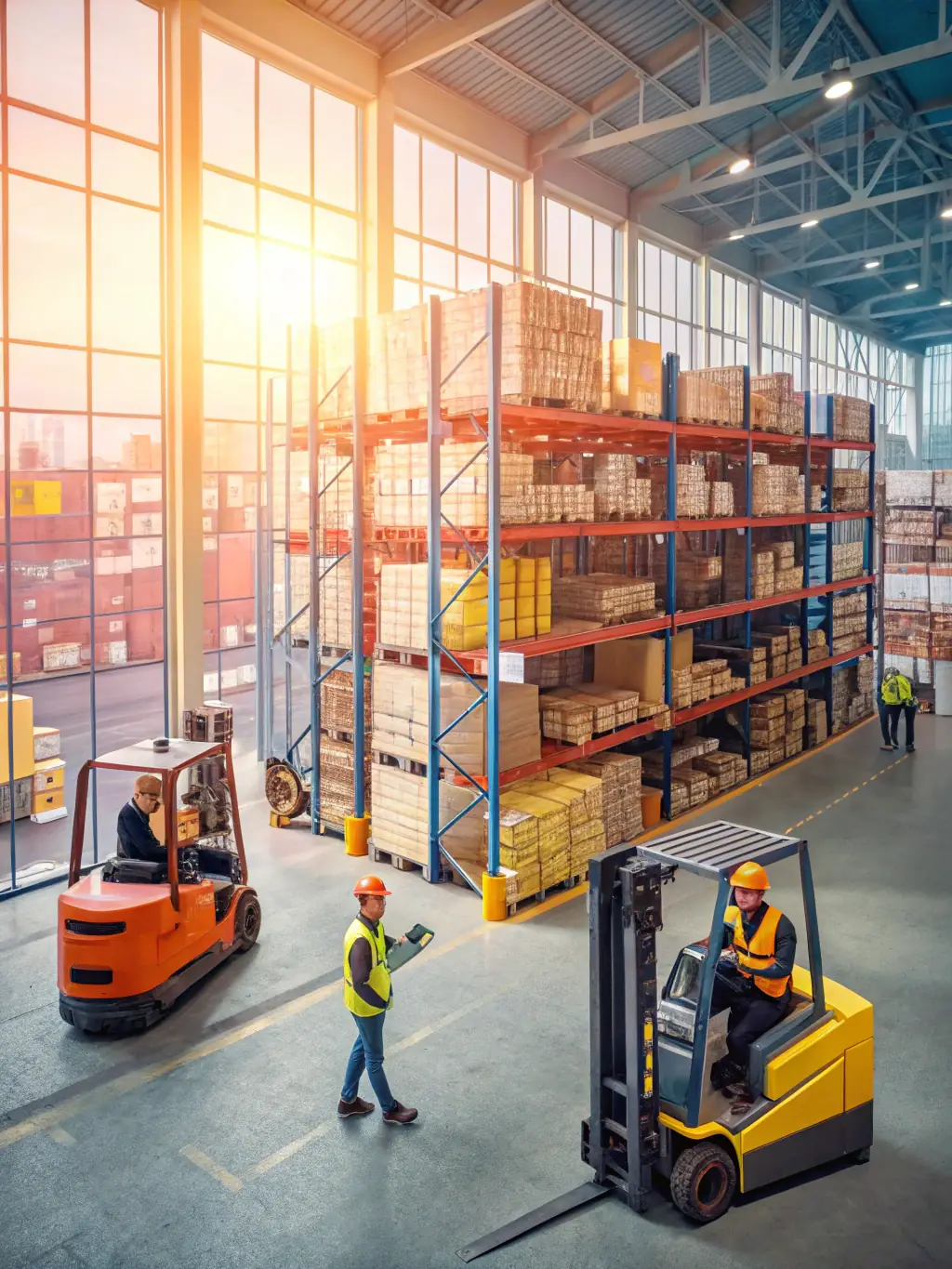 A brightly lit warehouse interior with workers operating forklifts, moving pallets of goods, representing the manufacturing industry.