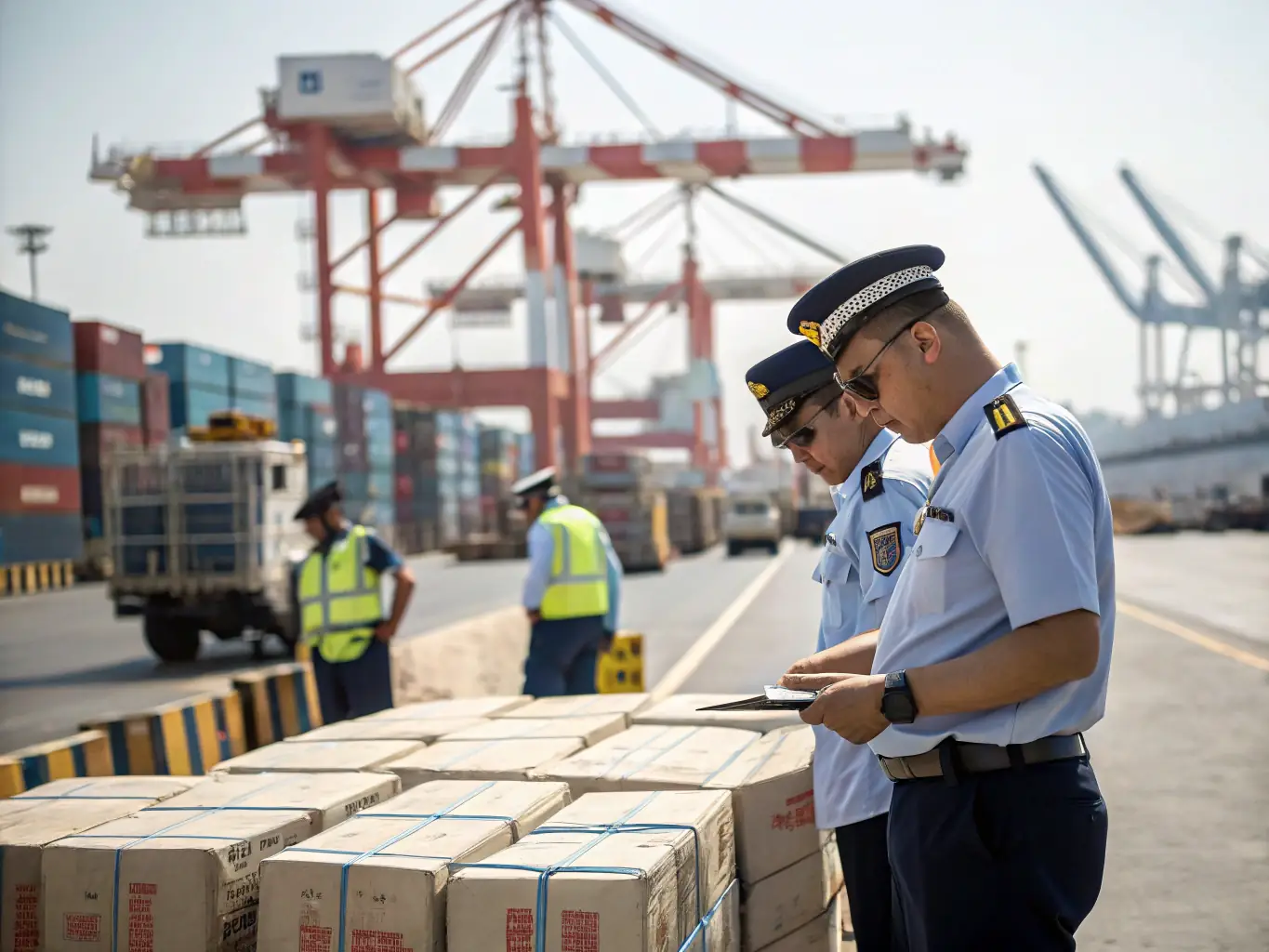 A detailed shot of customs officers inspecting shipping documents in a busy port environment, emphasizing the meticulous nature of customs clearance.